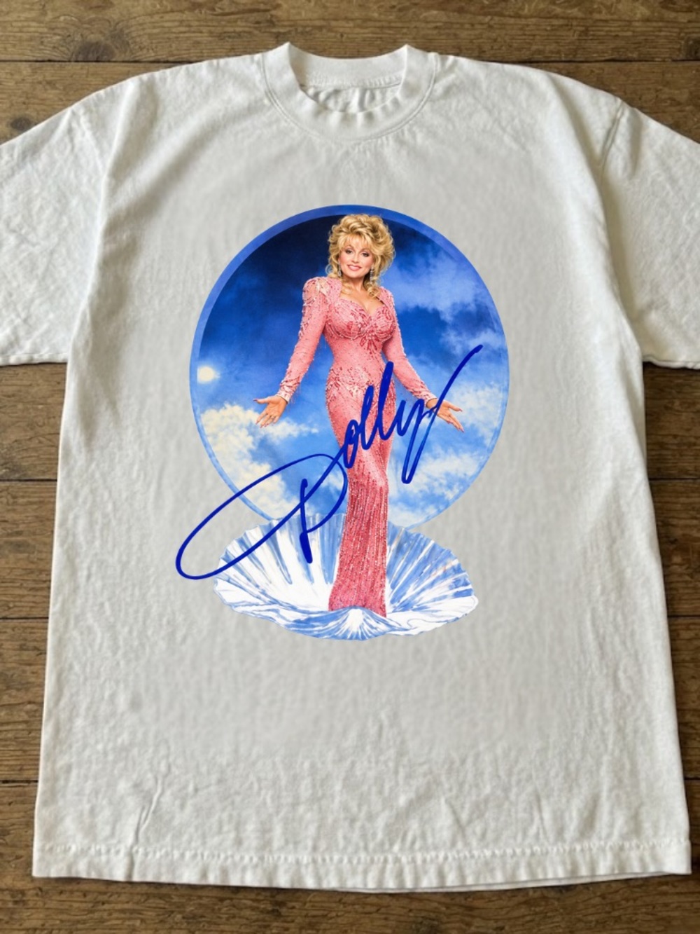 Dolly Parton The Birth of Venus Blue Signature Vintage White T-Shirt